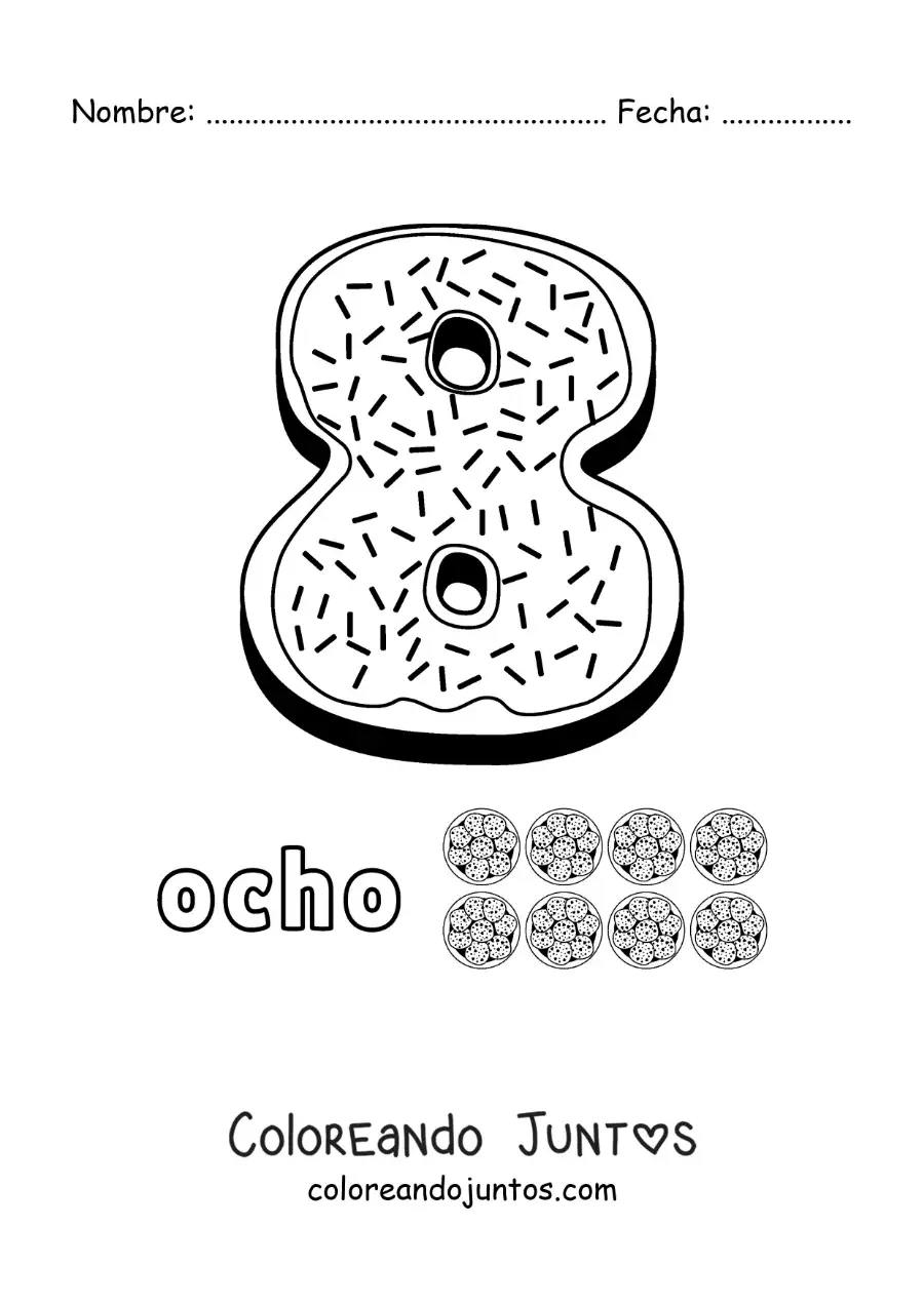 Imagen para colorear del número 8 animado con forma de galleta y objetos para contar