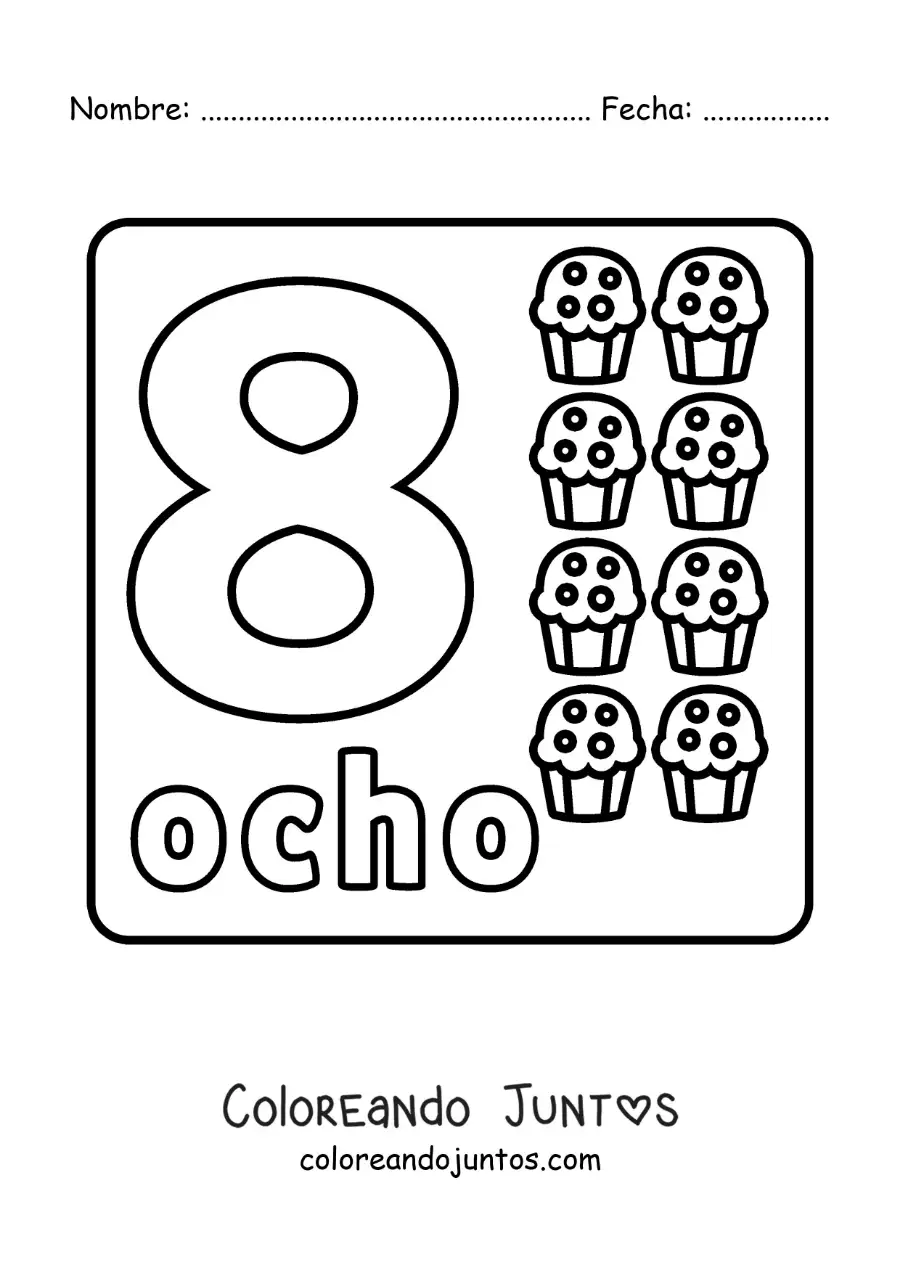 Imagen para colorear del número 8 con objetos para aprender a contar