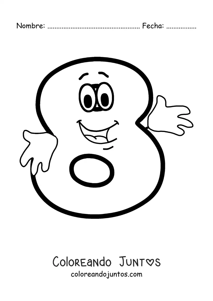 Imagen para colorear del número 8 animado bailando para niños