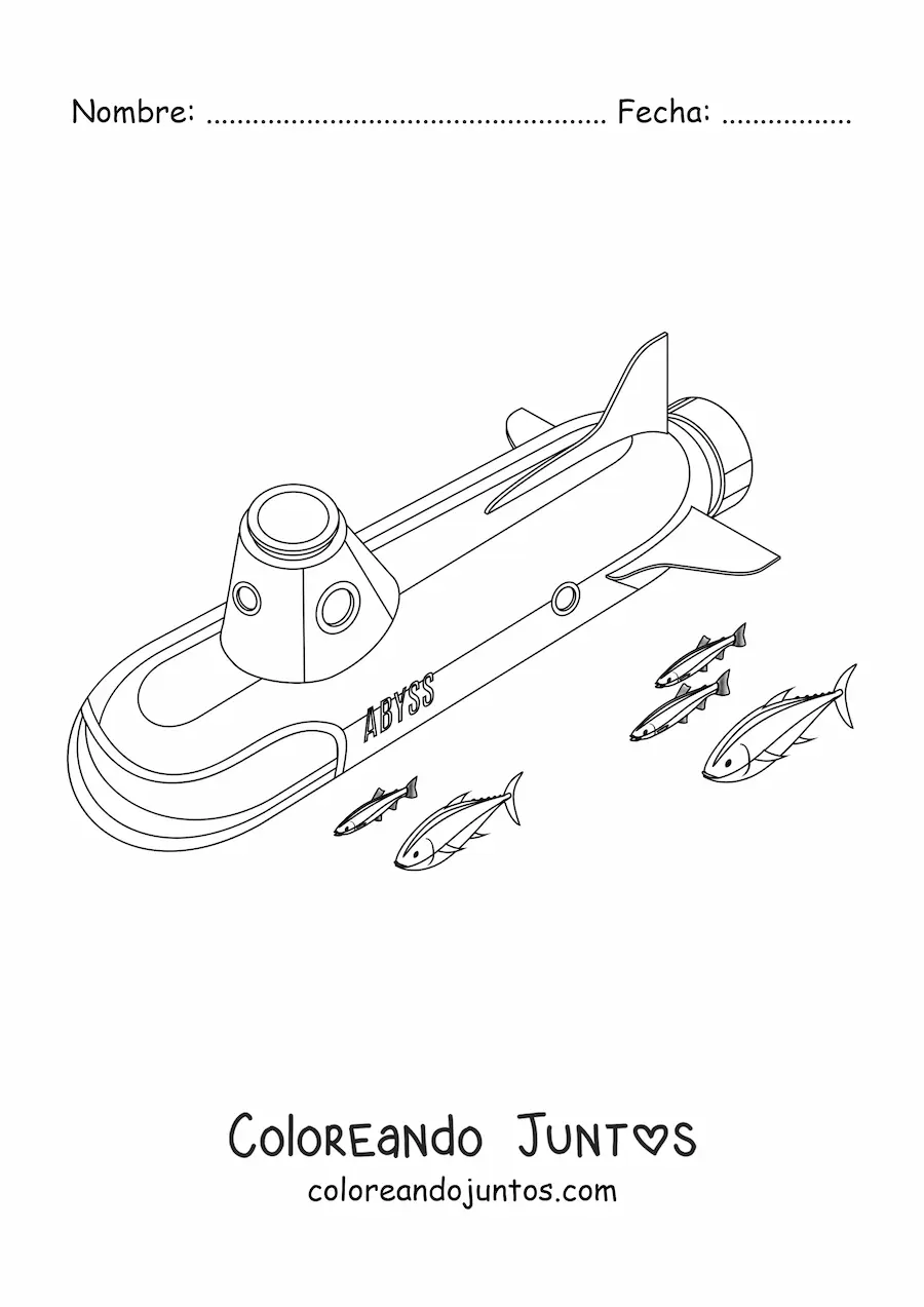 Imagen para colorear de un submarino alargado junto a varios peces