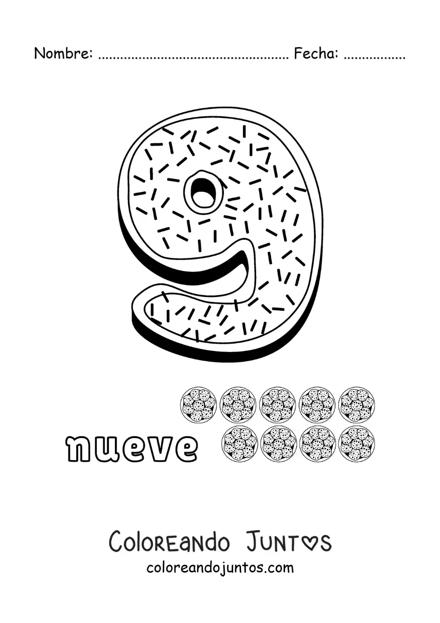 Imagen para colorear del número 9 grande para niños de preescolar