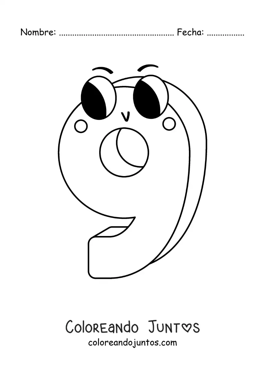 Imagen para colorear del número 9 animado infantil