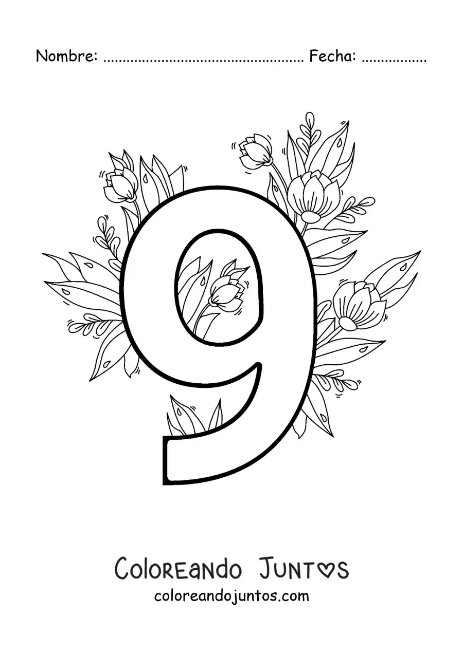 Imagen para colorear del número 9 decorado con flores