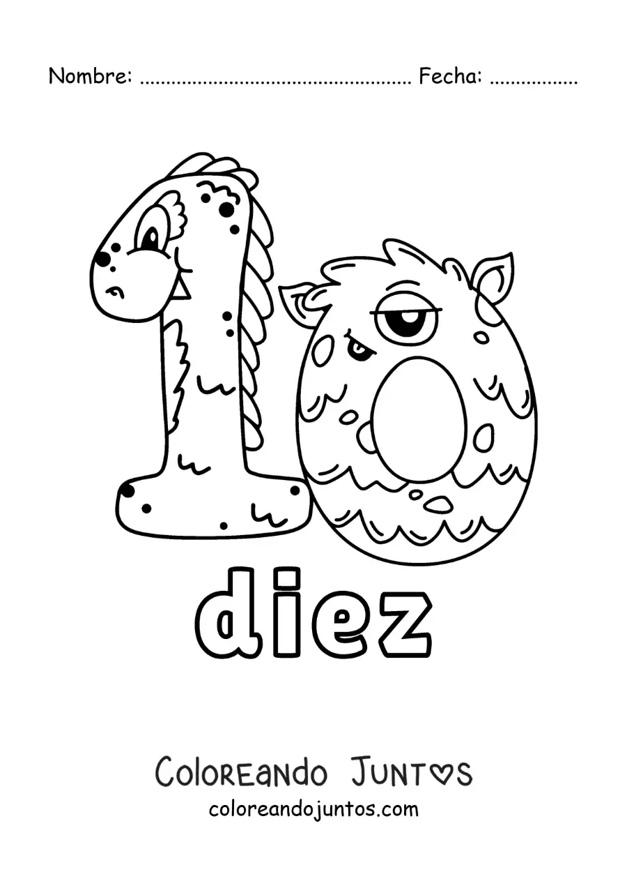 Imagen para colorear del número 10 con forma de monstruo animado de halloween