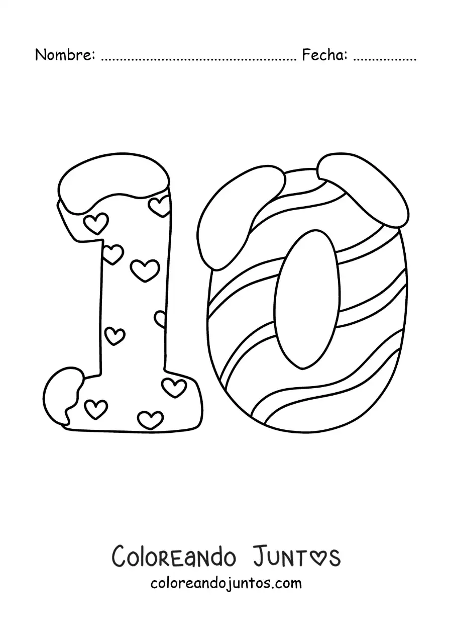 Imagen para colorear del número 10 decorado para niños