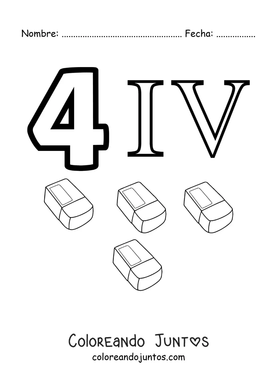 Imagen para colorear de ficha del 4 en números romanos con dibujos animados