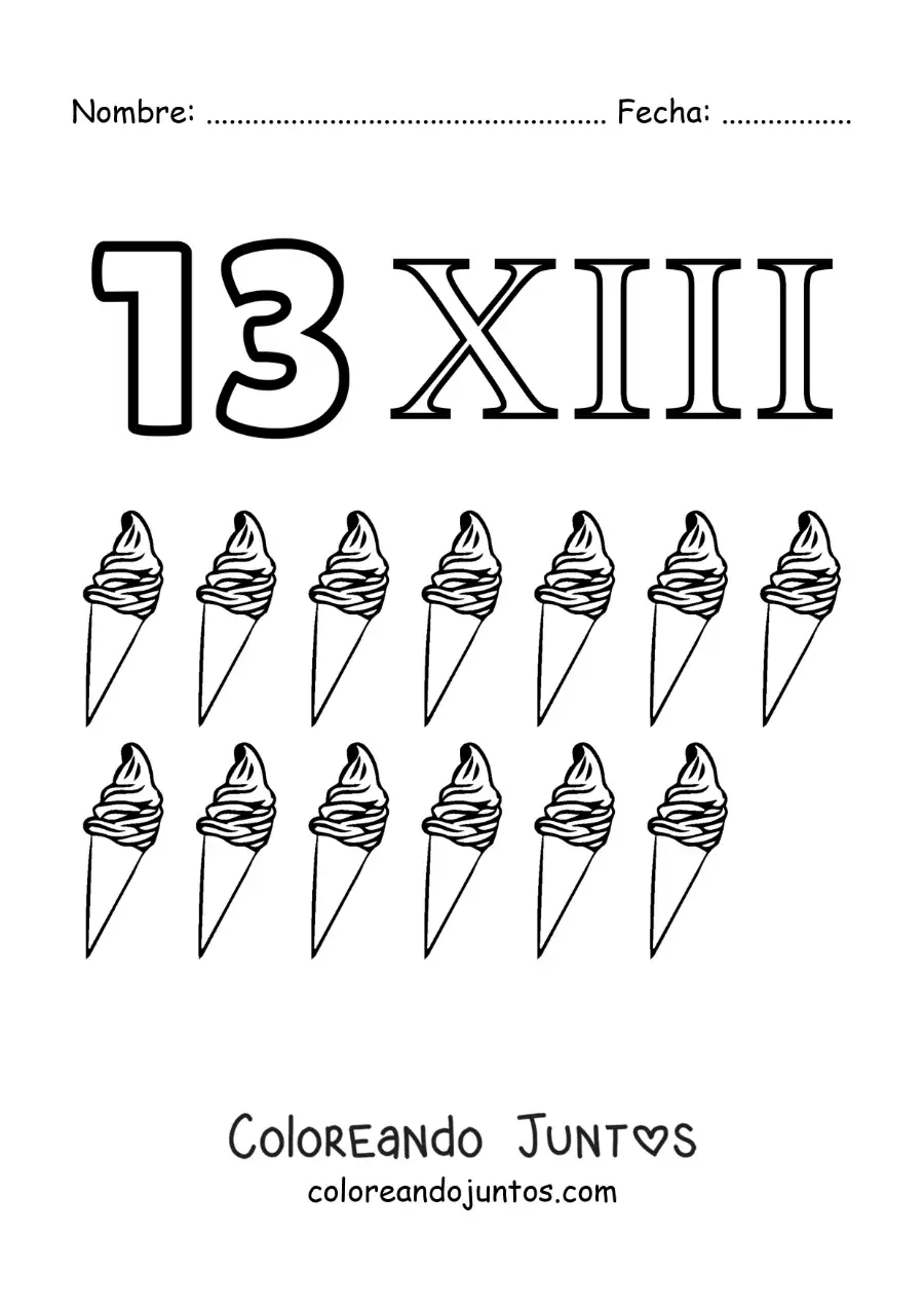 Imagen para colorear de ficha del 13 en números romanos con dibujos animados
