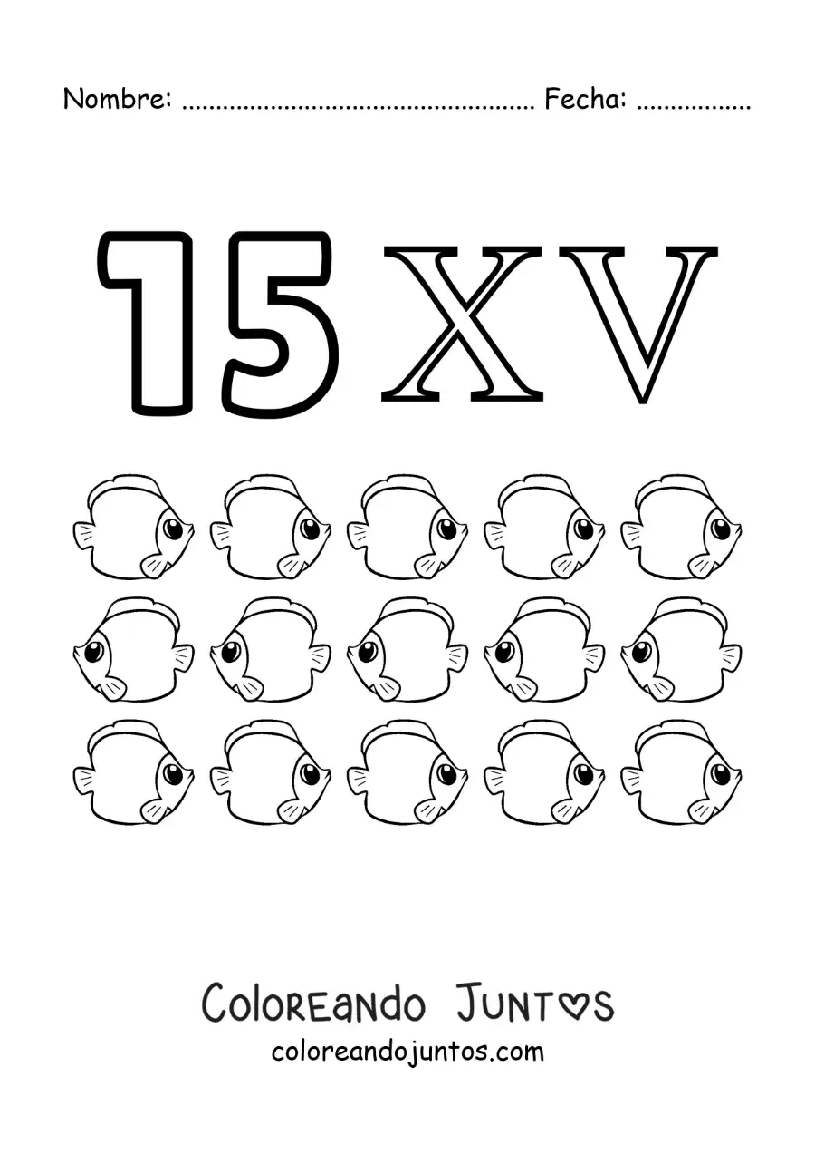 Imagen para colorear de ficha del 15 en números romanos con dibujos animados