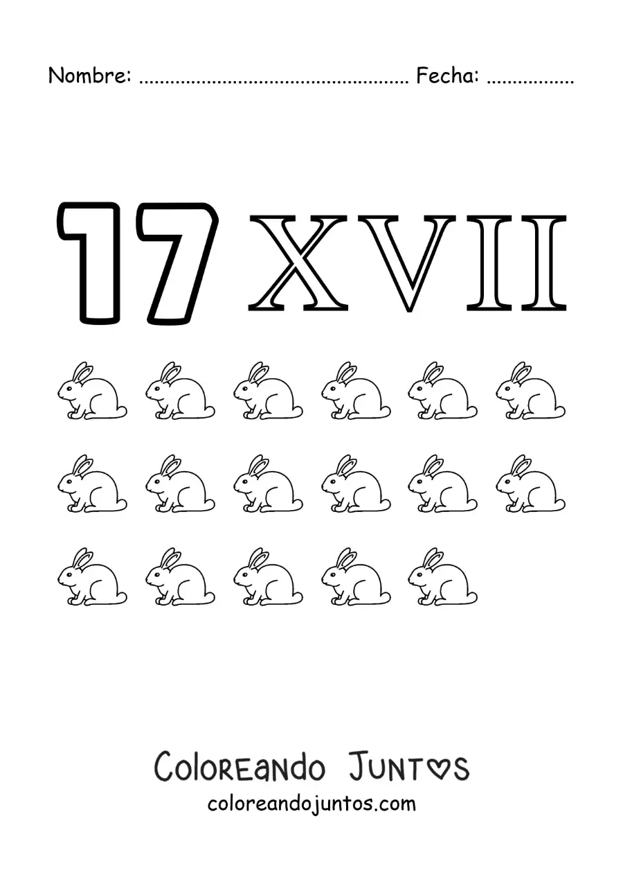 Imagen para colorear de ficha del 17 en números romanos con dibujos animados