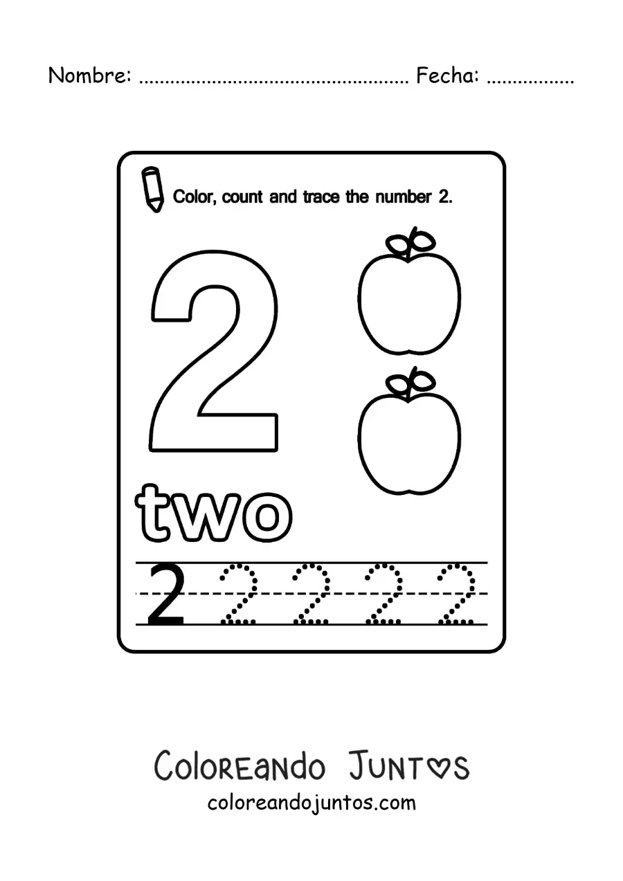 Imagen para colorear de ficha para aprender el número 2 en inglés con frutas
