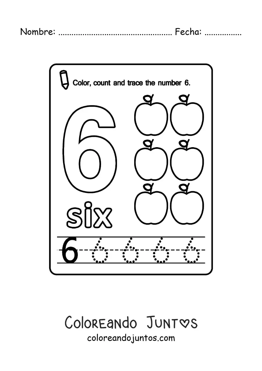 Imagen para colorear de ficha para aprender el número 6 en inglés con frutas