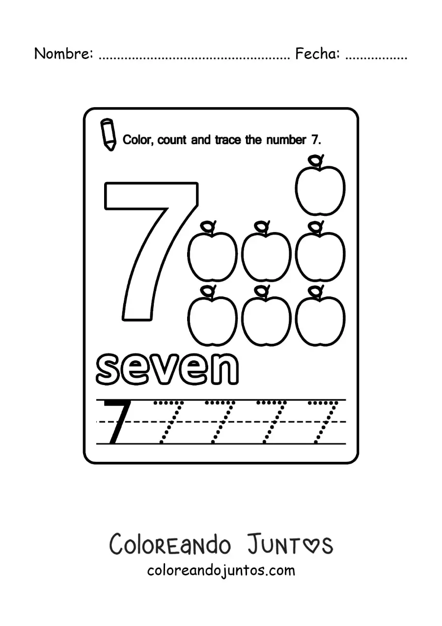 Imagen para colorear de ficha para aprender el número 7 en inglés con frutas