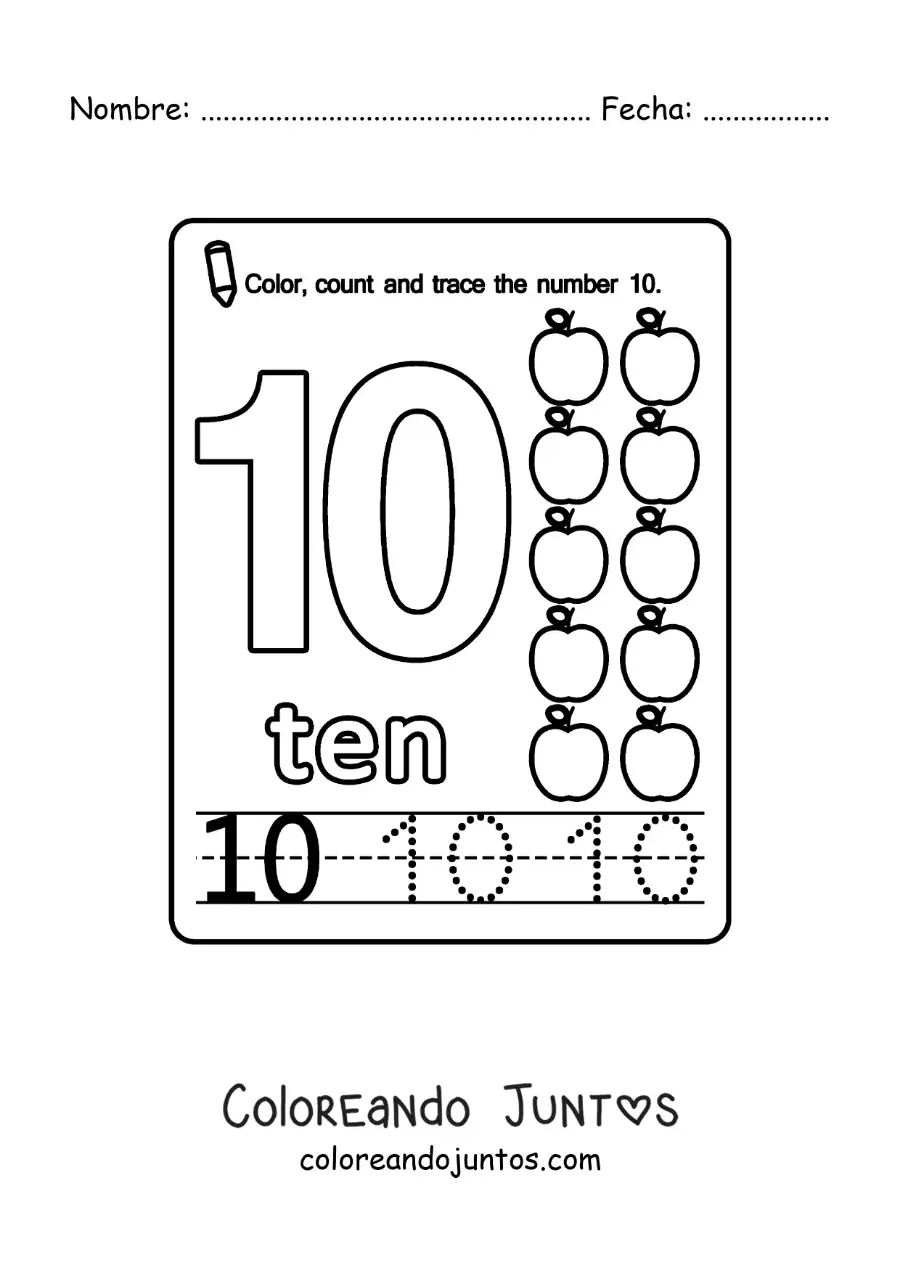 Imagen para colorear de ficha para aprender el número 10 en inglés con frutas