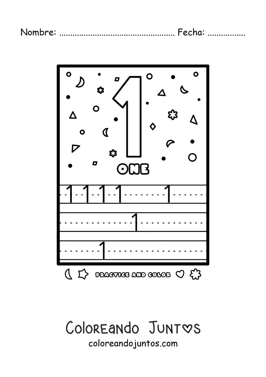 Imagen para colorear de actividad para aprender el número 1 en inglés