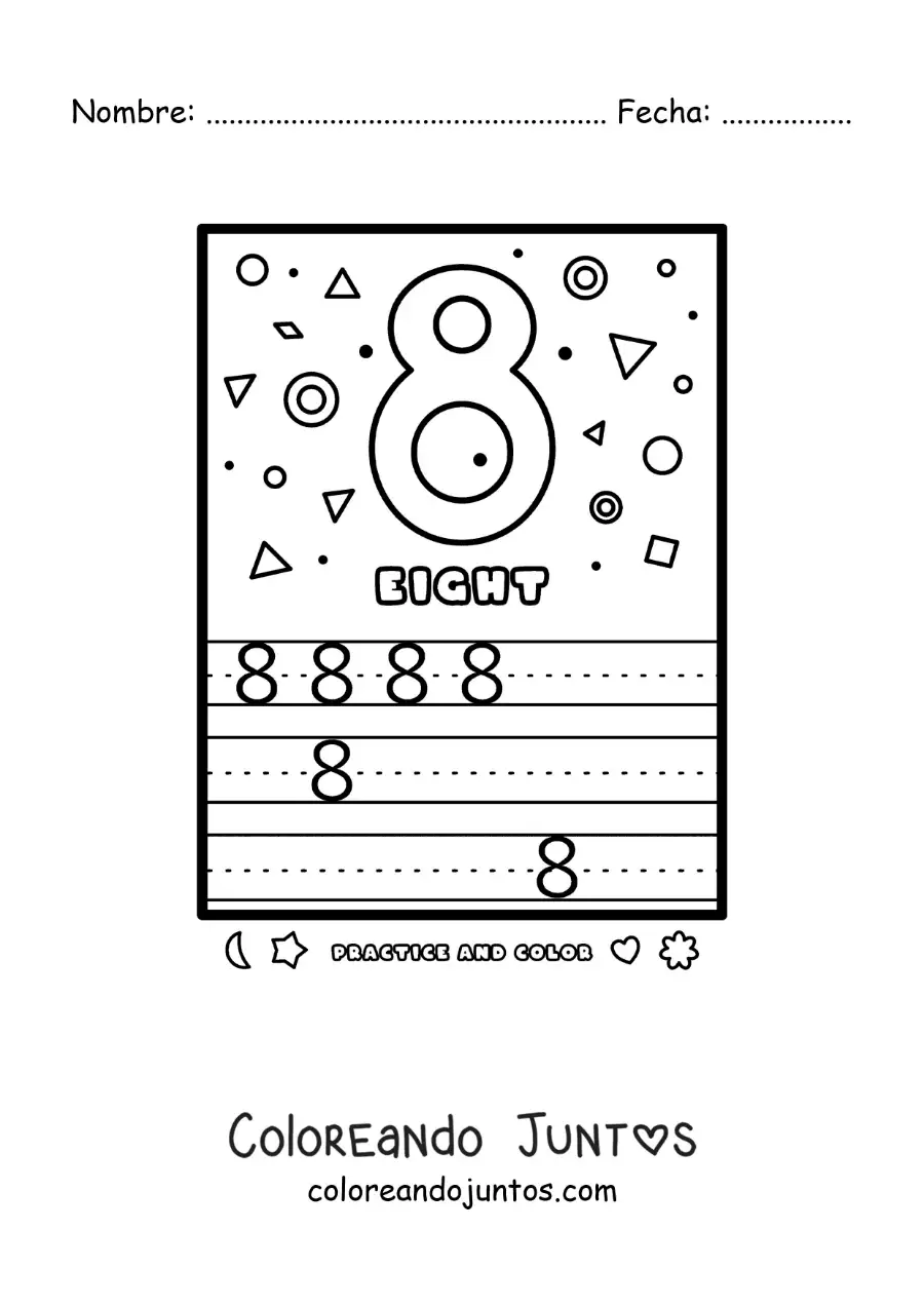 Imagen para colorear de actividad para aprender el número 8 en inglés