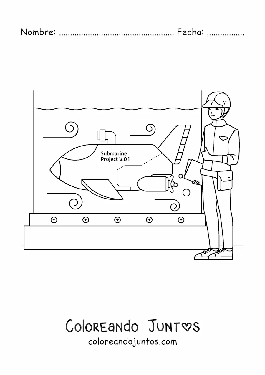 Imagen para colorear de un ingeniero naval probando un submarino