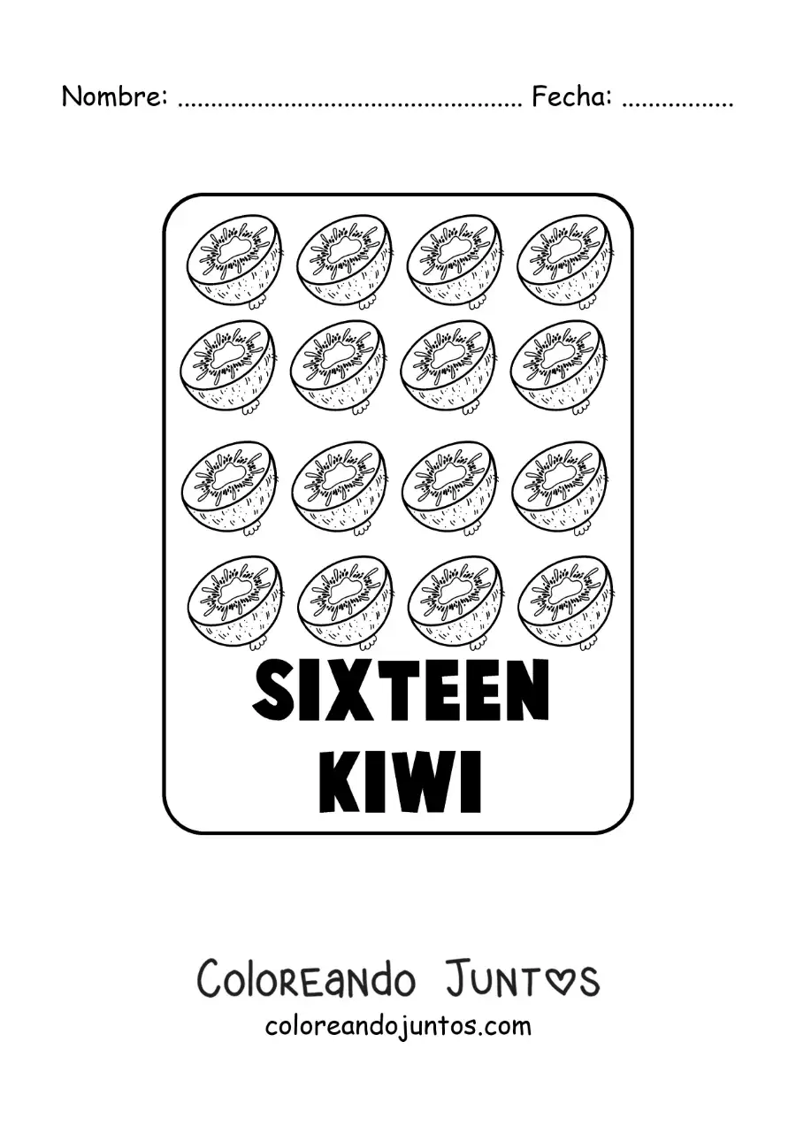 Imagen para colorear del número 16 en inglés con frutas
