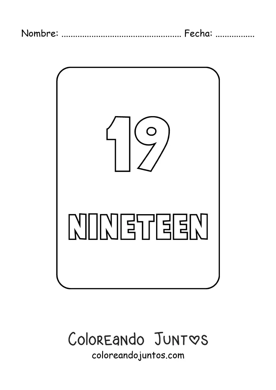 Imagen para colorear del número 19 en inglés