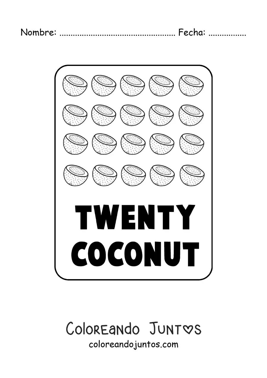 Imagen para colorear del número 20 en inglés con frutas