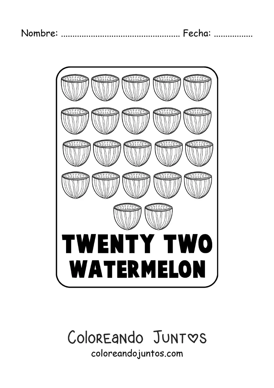 Imagen para colorear del número 22 en inglés con frutas