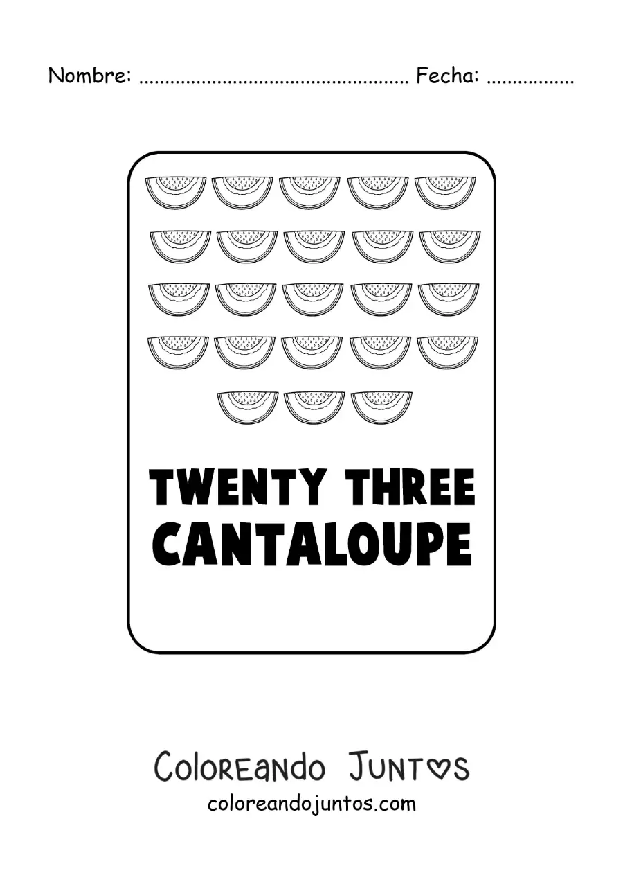 Imagen para colorear del número 23 en inglés con frutas