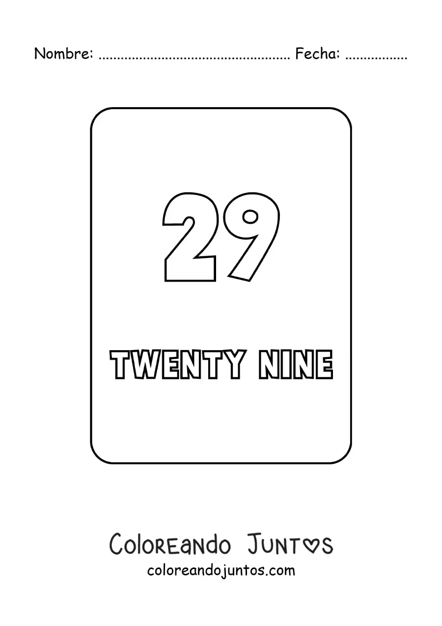 Imagen para colorear del número 29 en inglés