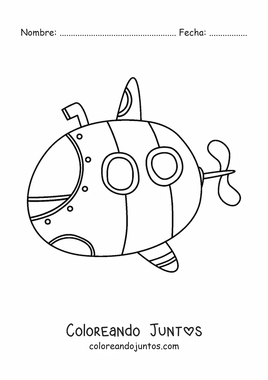 Imagen para colorear de un caricatura de un submarino con periscopio y dos ventanas