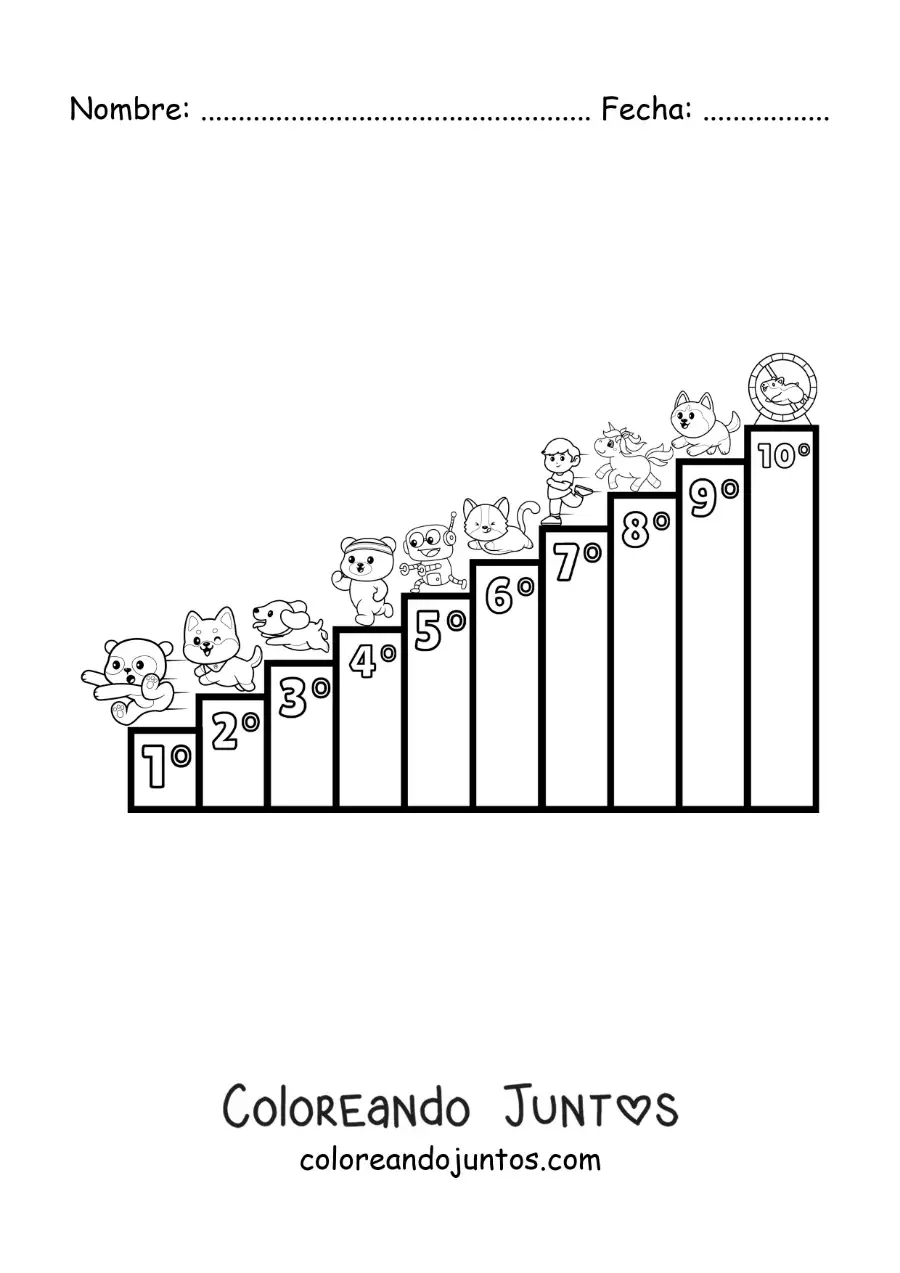 Imagen para colorear de los números ordinales del 1 al 10 para niños con dibujos animados