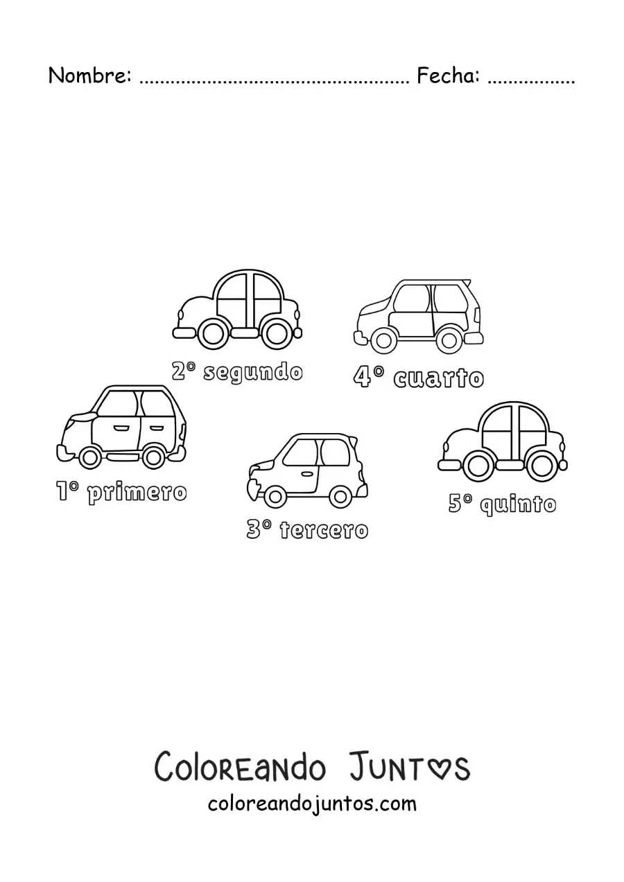 Imagen para colorear de una carrera de autos con los números ordinales del 1 al 5 para niños