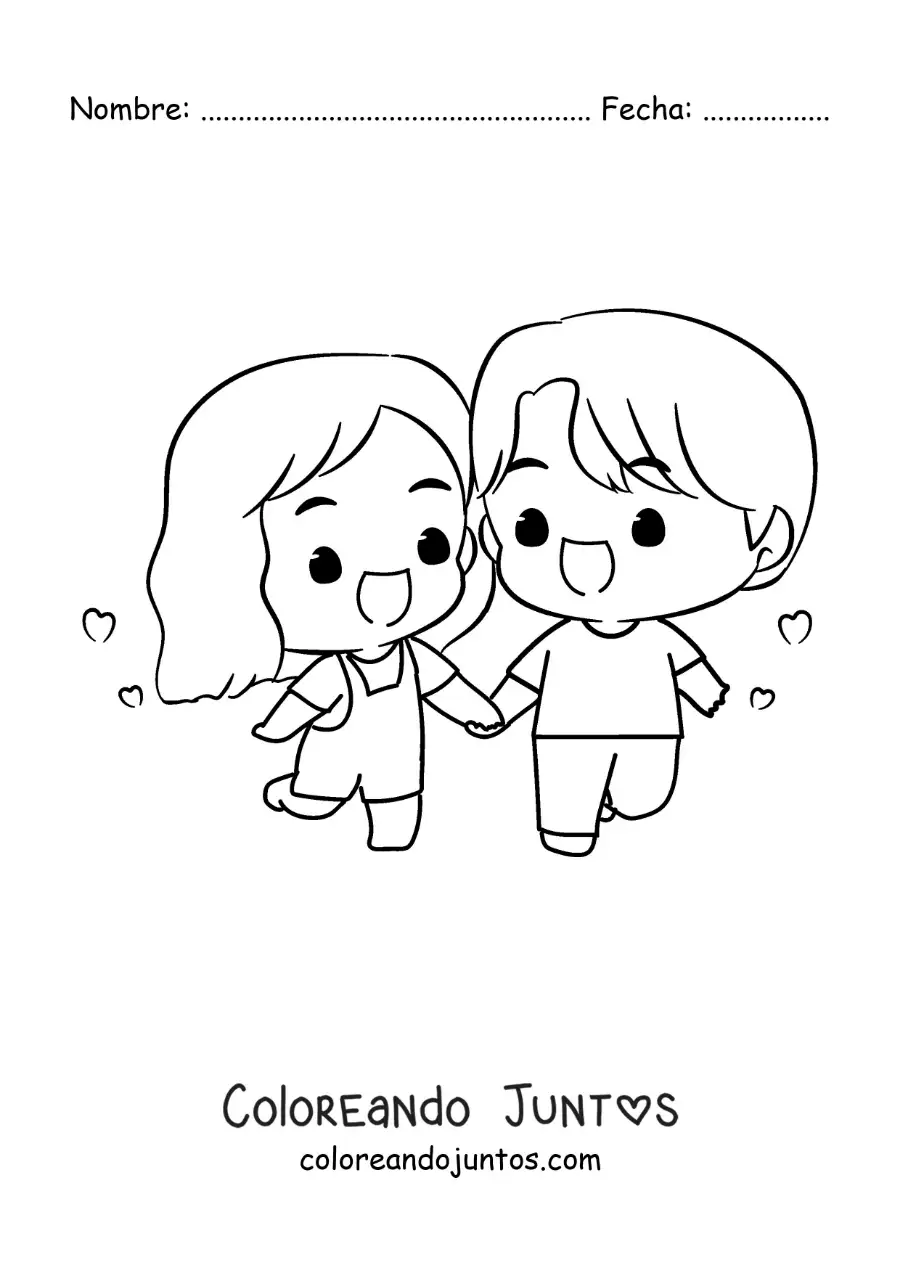 Imagen para colorear de pareja de novios chibi tomados de la mano
