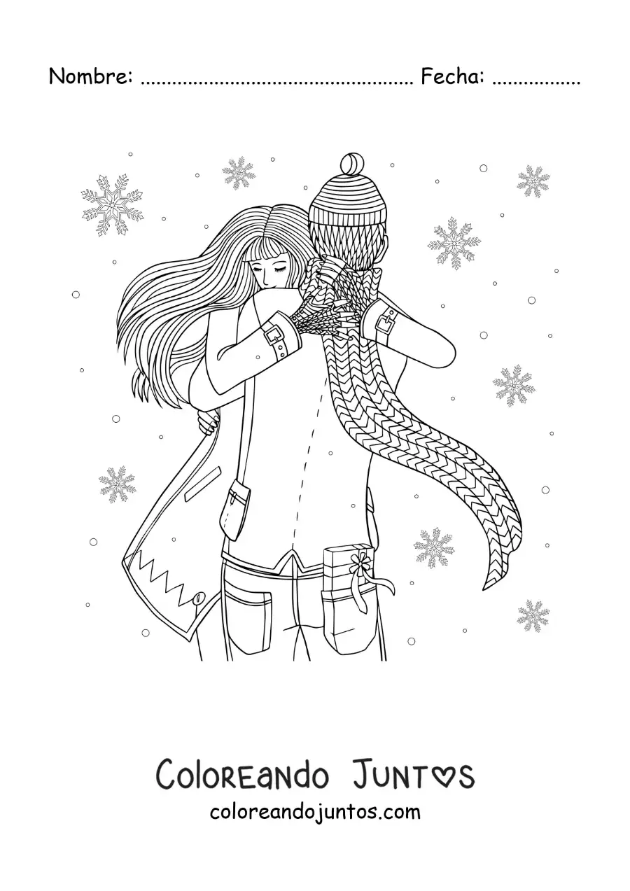 Imagen para colorear de pareja abrazándose en la nieve