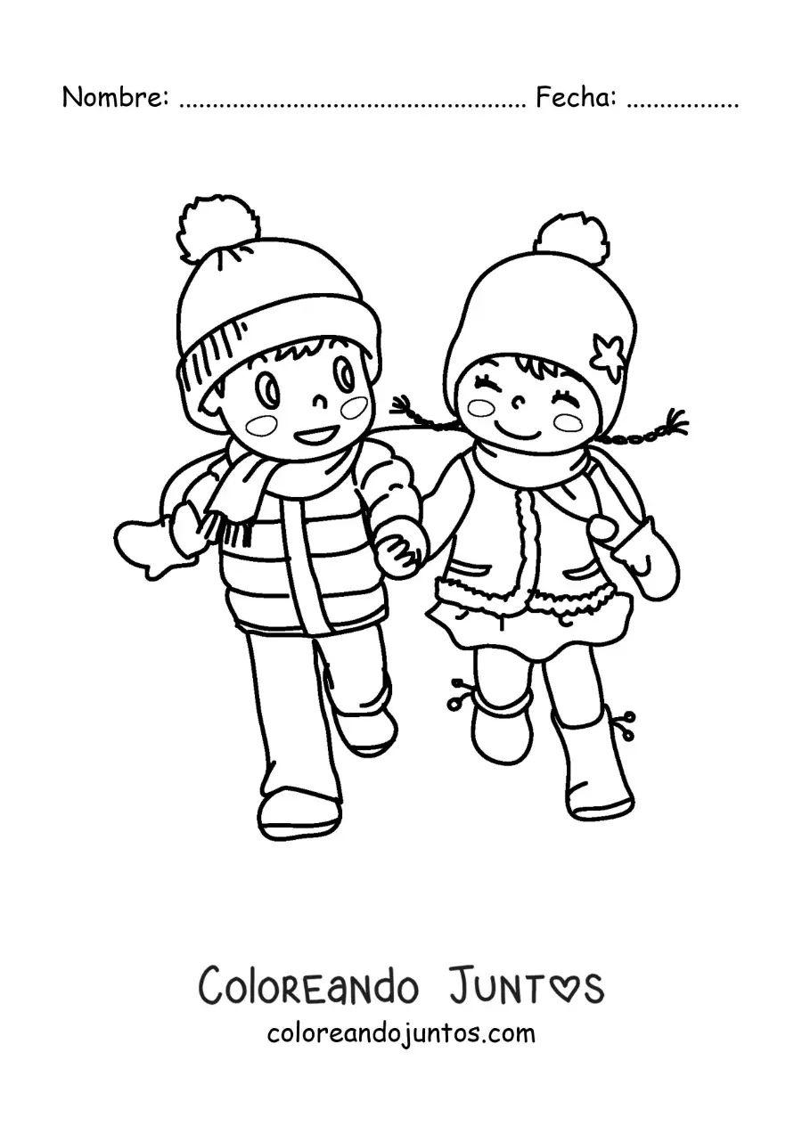 Imagen para colorear de niño y niña tomados de la mano en invierno