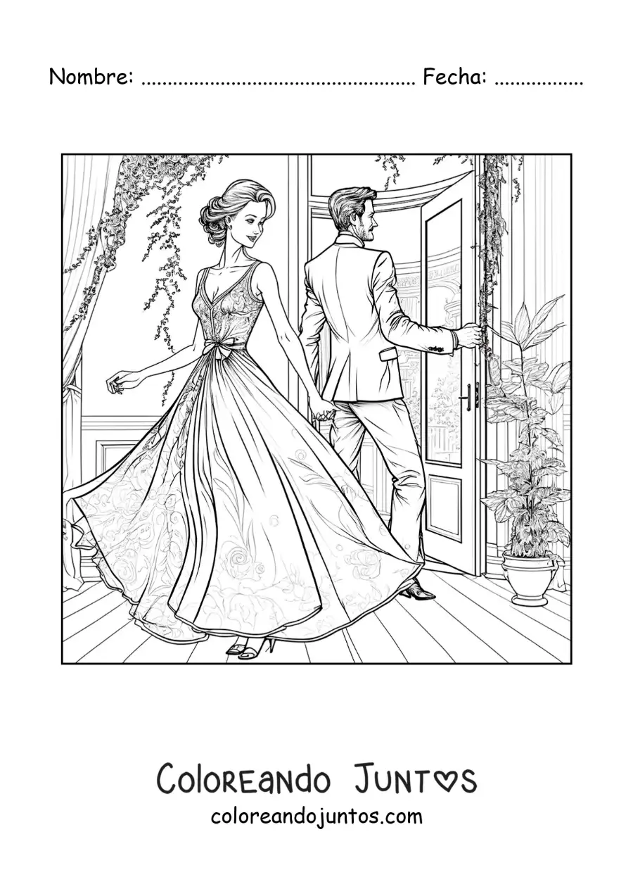 Imagen para colorear de hermosa pareja vintage en una casa con jardín