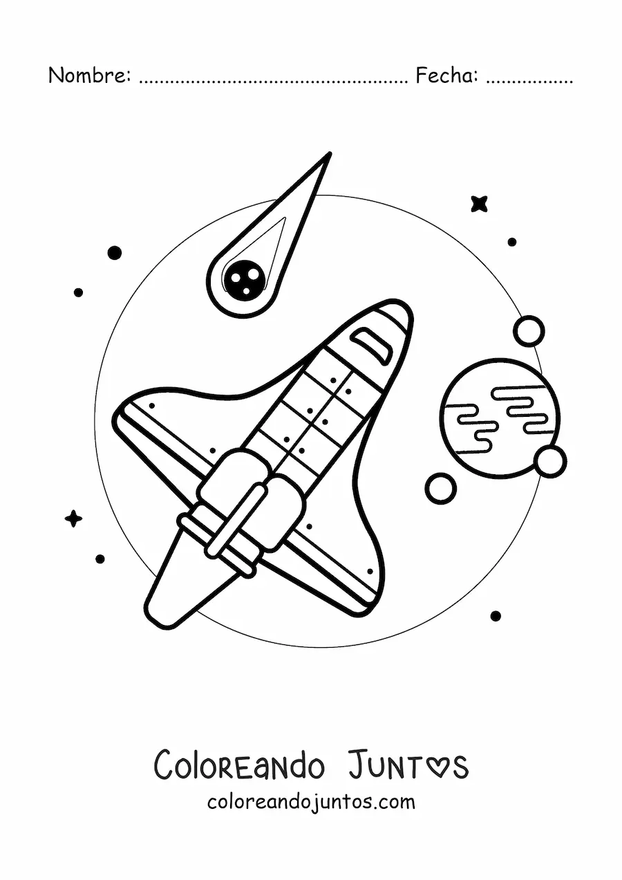 Imagen para colorear de un cohete en el espacio junto a asteroides y planetas