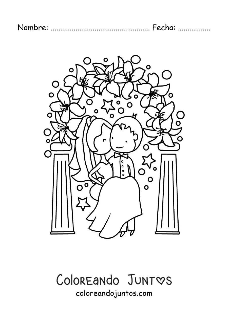 Imagen para colorear de pareja feliz animada en su boda con flores