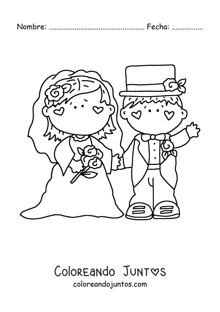 Imagen para colorear de caricatura del novio y la novia en su boda