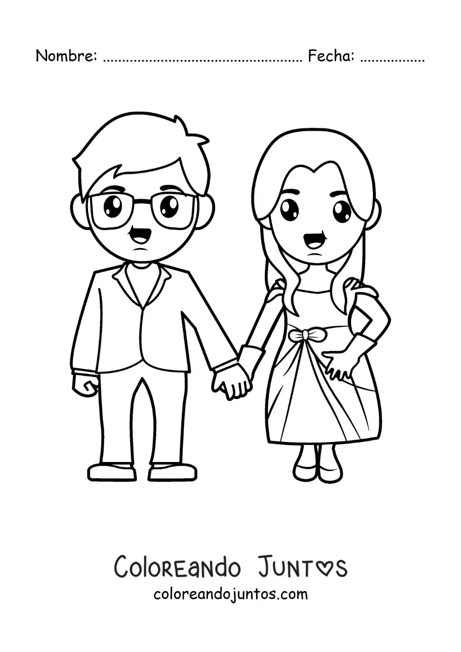 Imagen para colorear de pareja de novios tomados de la mano en su boda