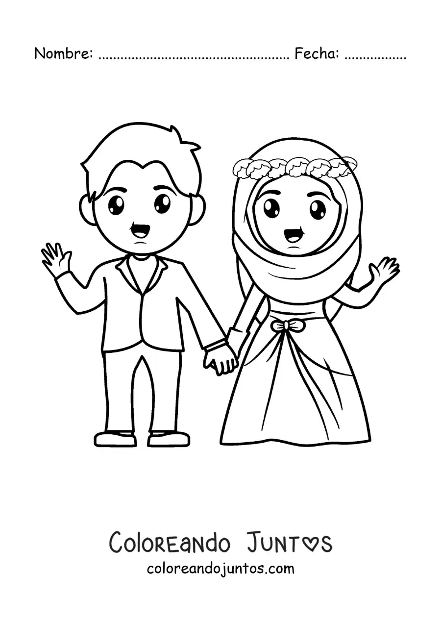 Imagen para colorear de novio y novia con hijab en su boda