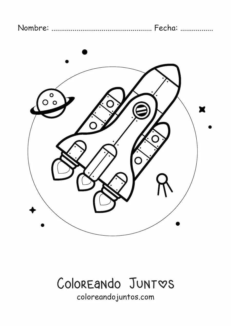 Imagen para colorear de un cohete en el espacio junto a un planeta