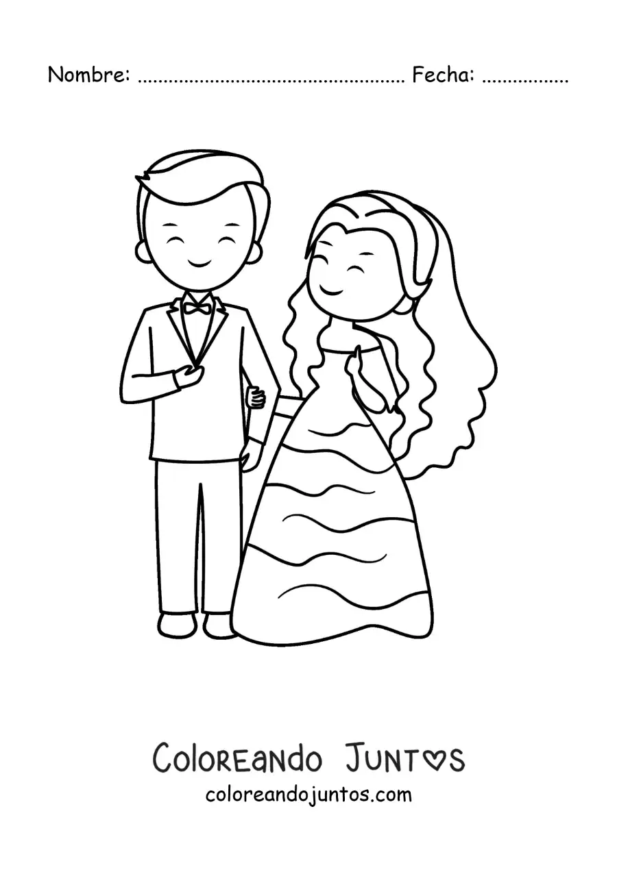 Imagen para colorear de pareja animada en el día de su casamiento