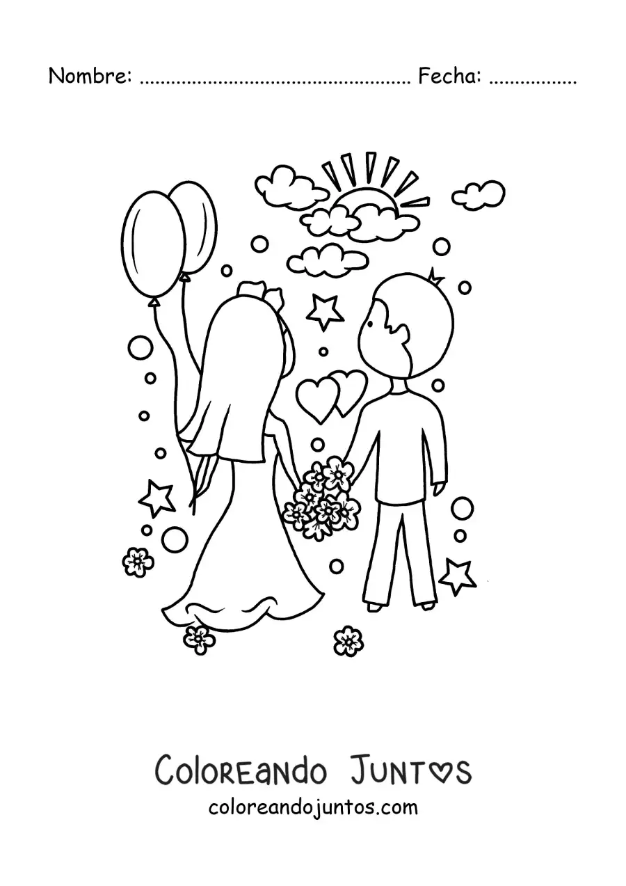Imagen para colorear de pareja de recién casados en el día de su boda con corazones y flores