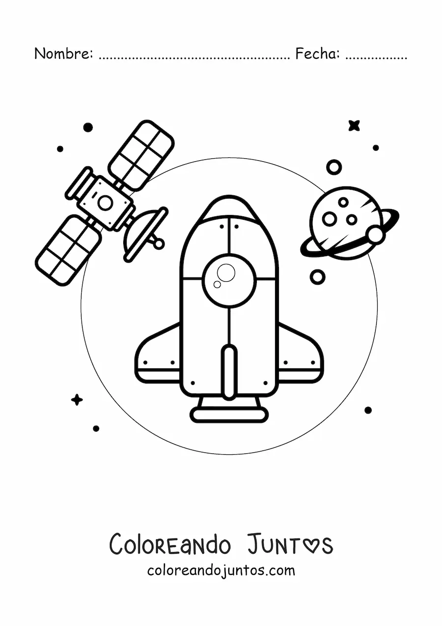 Imagen para colorear de un cohete en el espacio junto a un satélite y un planeta