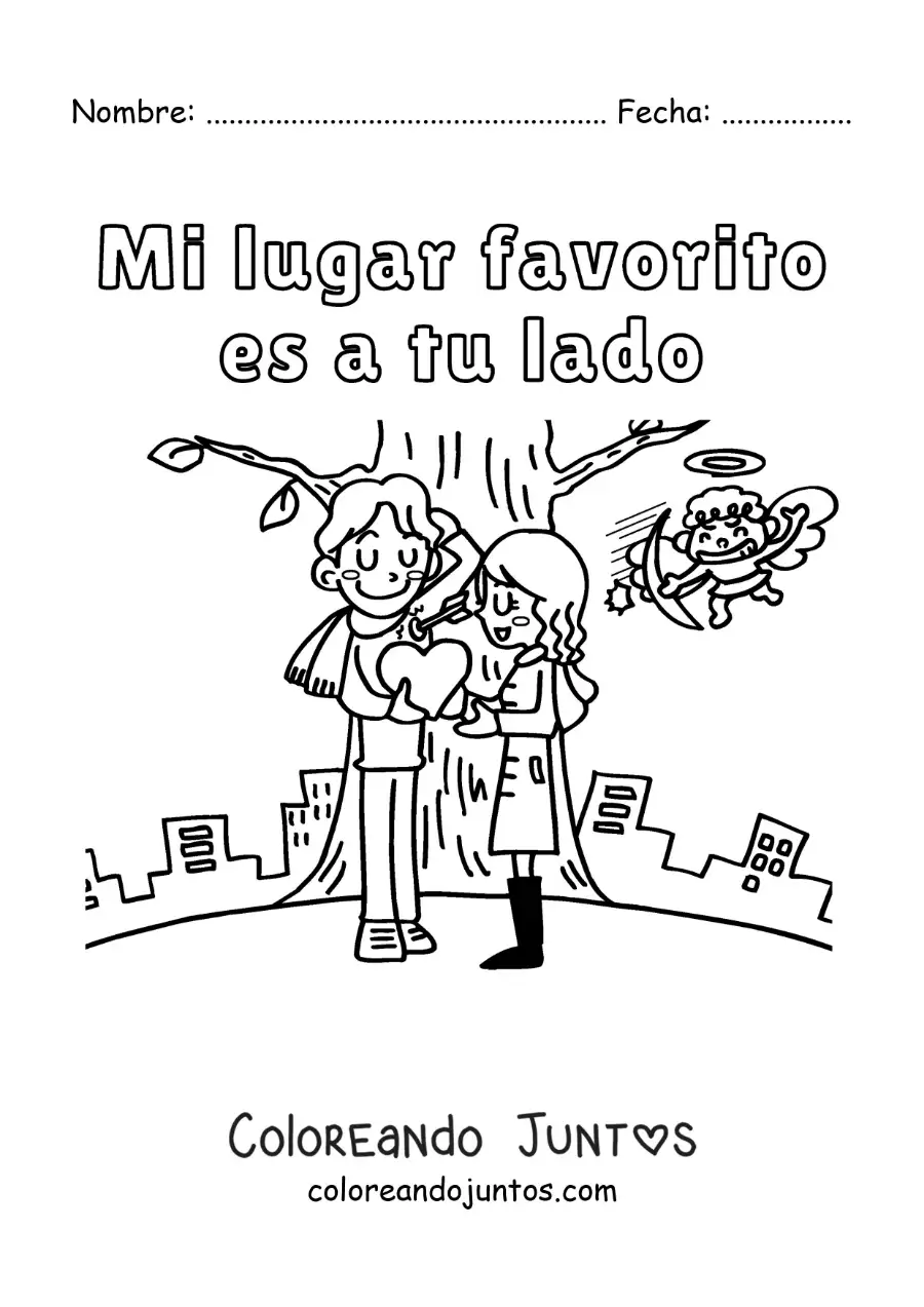Imagen para colorear de pareja debajo de un árbol y la frase mi lugar favorito es a tu lado