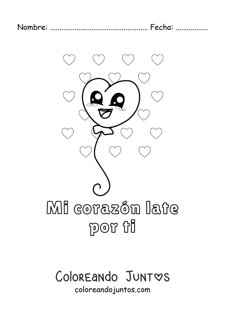 Imagen para colorear de globo de corazón y la frase mi corazón late por ti