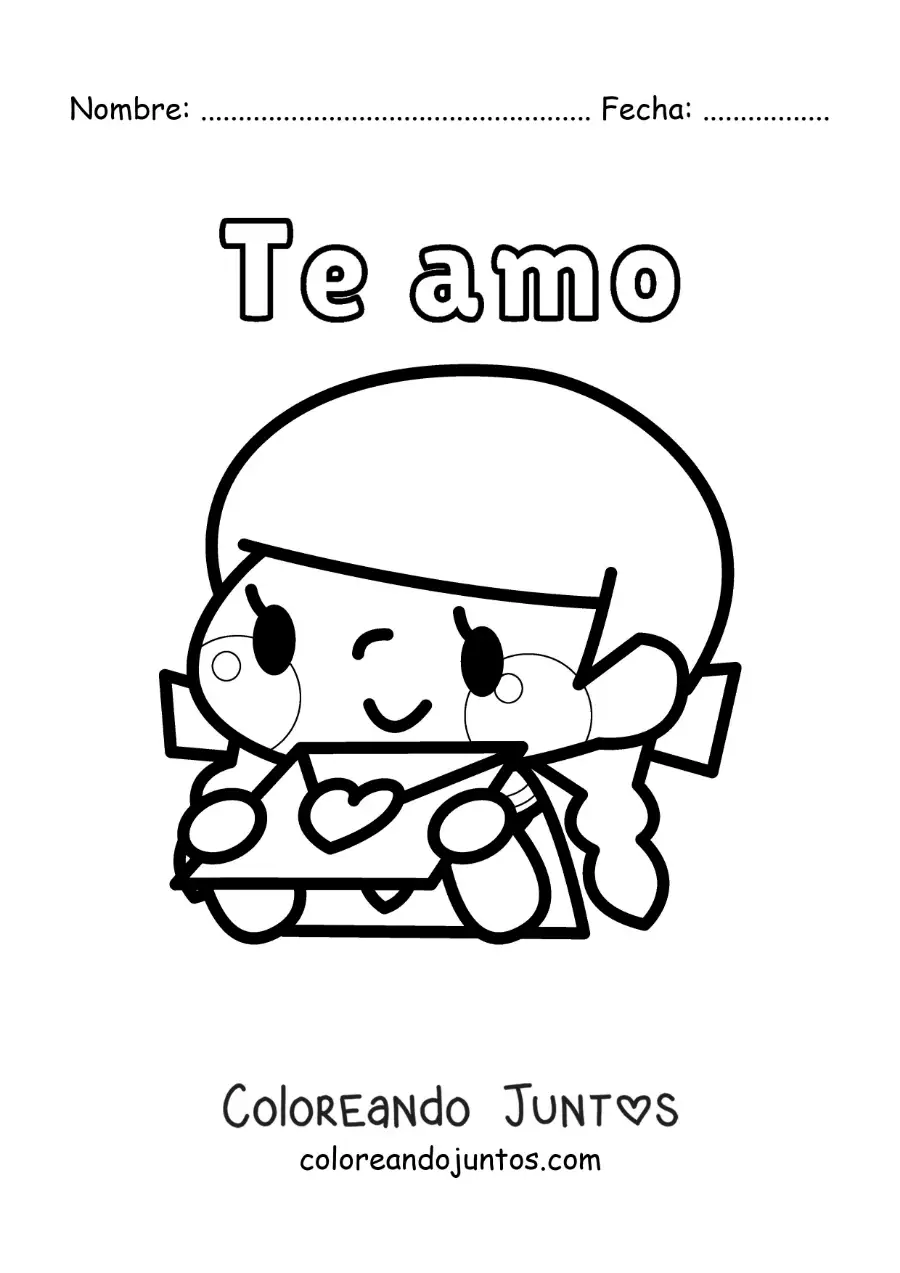 Imagen para colorear de chica con carta de amor y la frase te amo
