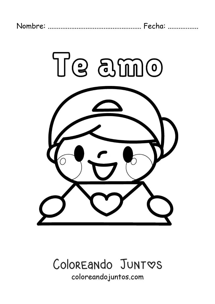 Imagen para colorear de chico con carta de amor y la frase te amo
