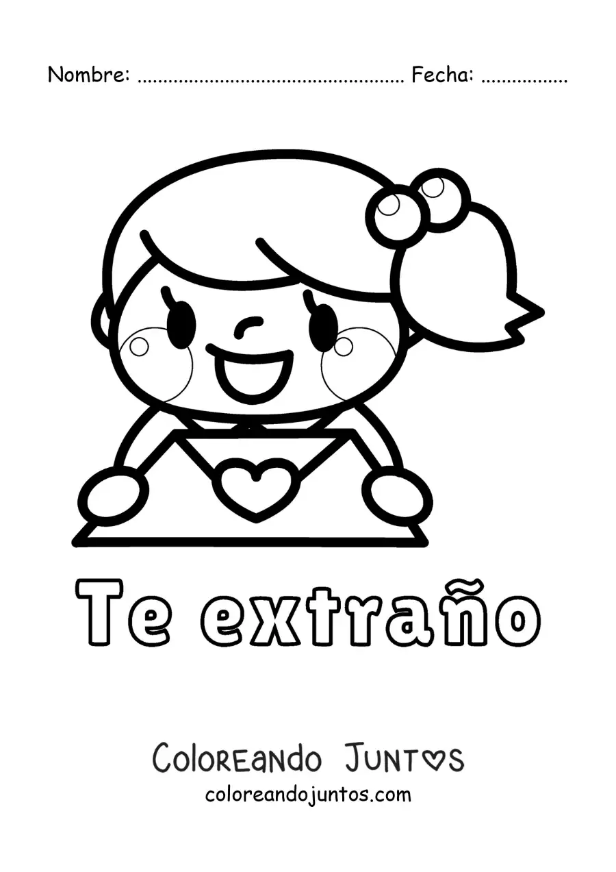 Imagen para colorear de chica con carta de amor y la frase te extraño