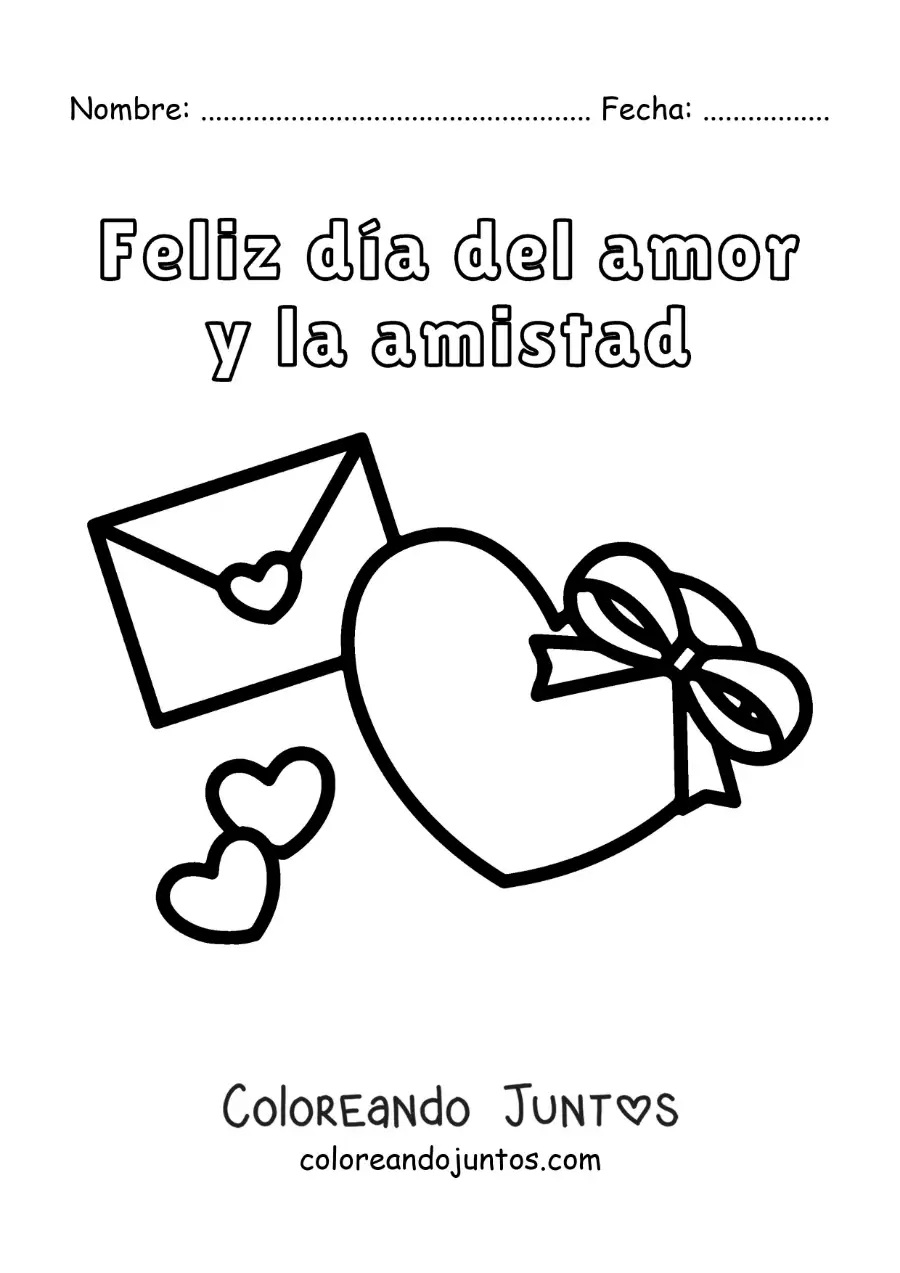 Imagen para colorear de corazón con carta de amor y la frase feliz día del amor y la amistad