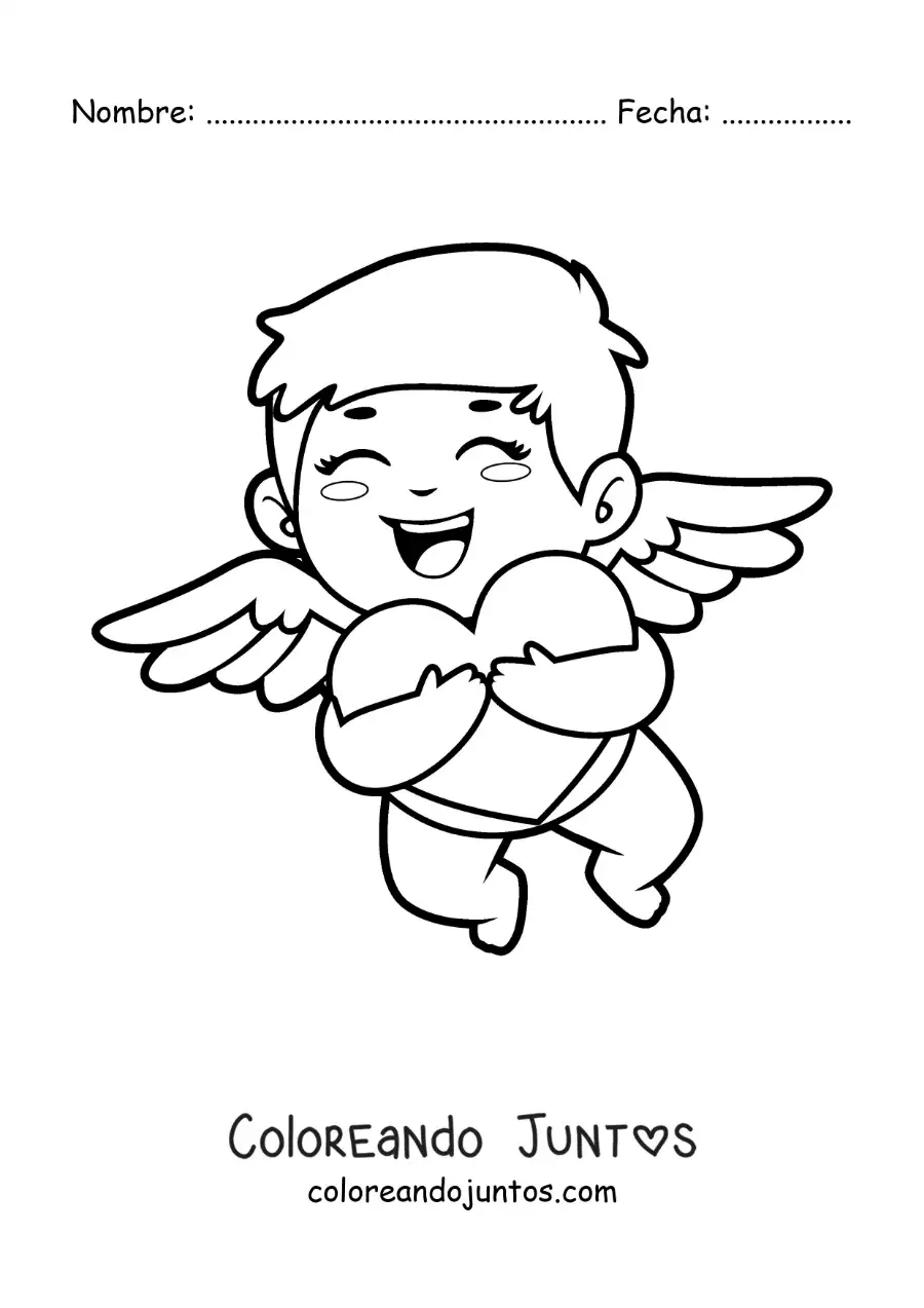 Imagen para colorear de cupido abrazando un corazón