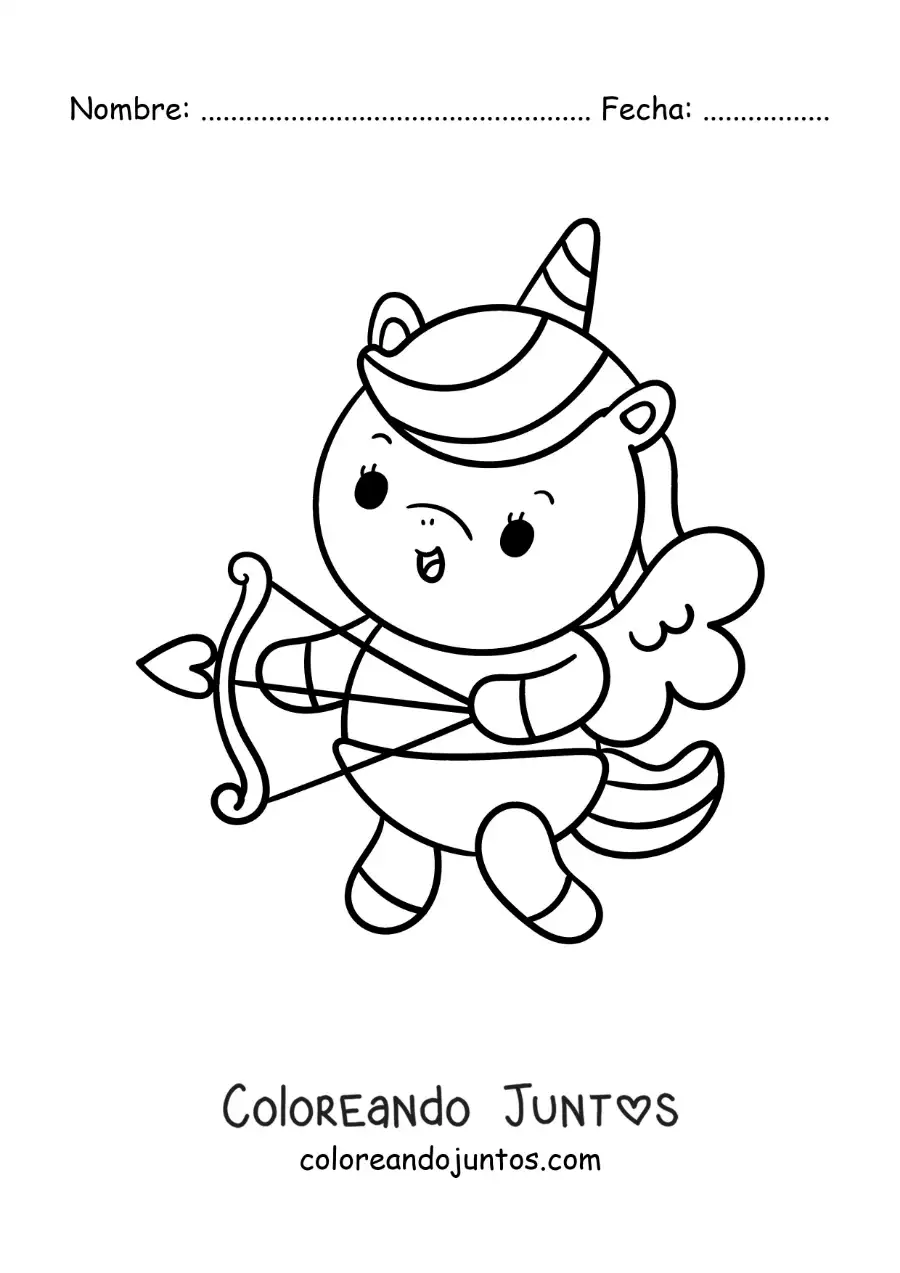 Imagen para colorear de unicornio animado vestido de cupido disparando